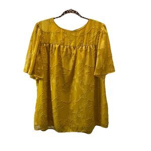 Womens Mustard Yellow Floral Lined Flutter Sleeve Top Blouse Size XL Cottage